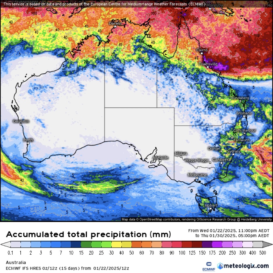 Australian accumulated total precipitation map: 22/1/2025 - 30/01/2025