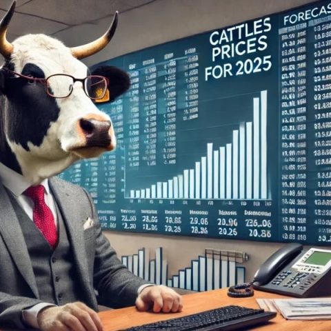 A cow dressed like an economist in front of a large digital screen displaying cattle price forecasts for 2025.