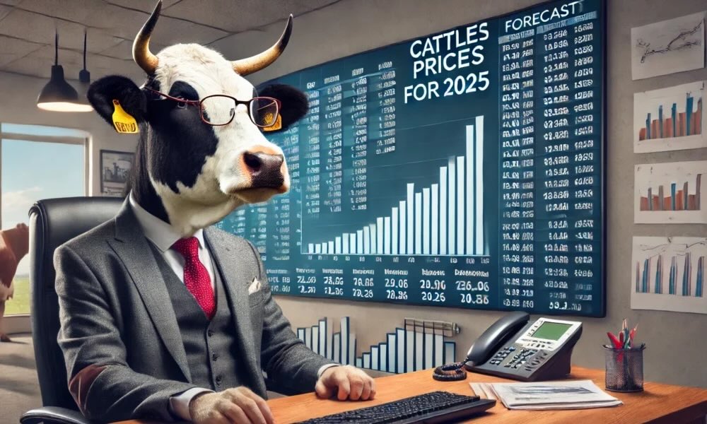 A cow dressed like an economist in front of a large digital screen displaying cattle price forecasts for 2025.