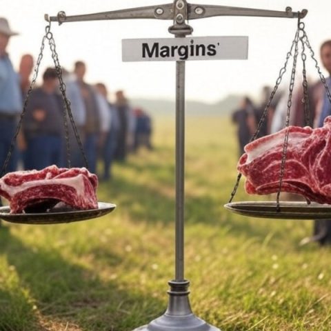 Two lines of men standing behind a scale weight two slabs of beef