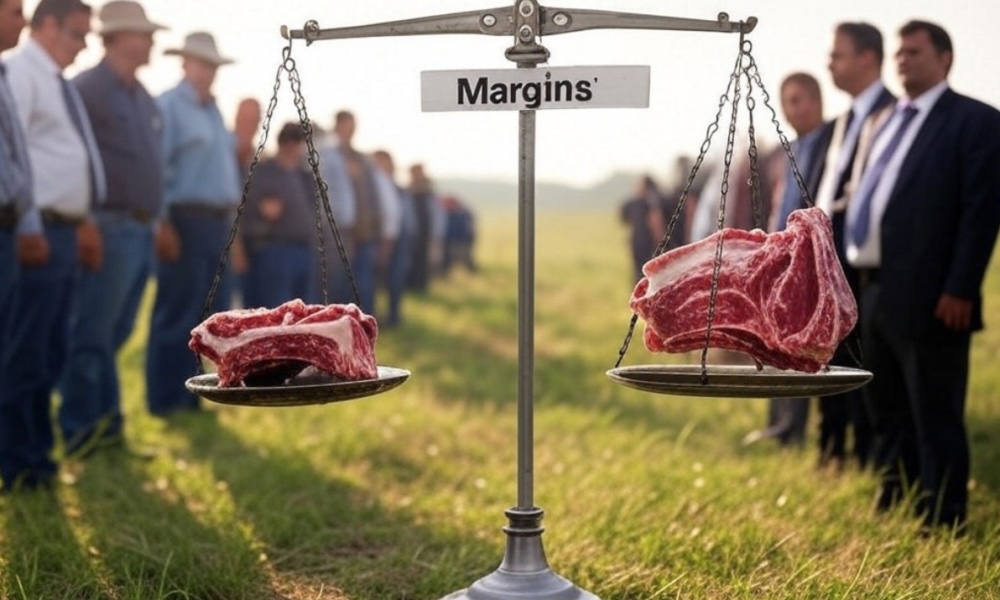 Two lines of men standing behind a scale weight two slabs of beef