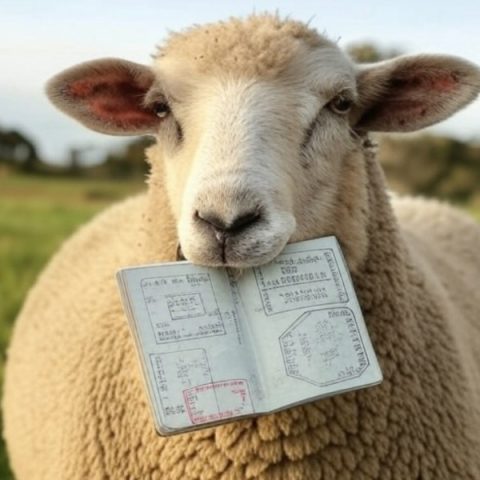 A woolly sheep holding a passport in its mouth