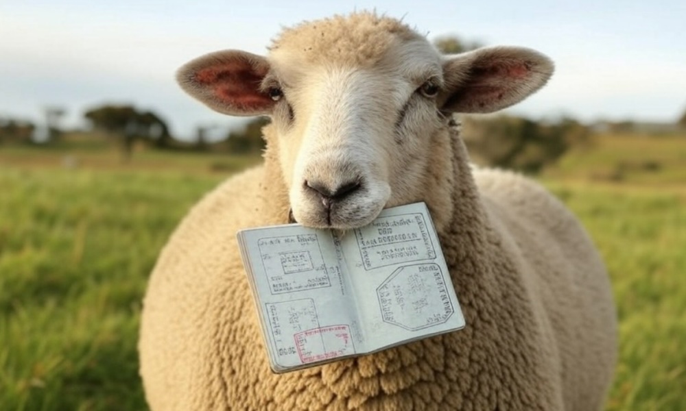 A woolly sheep holding a passport in its mouth