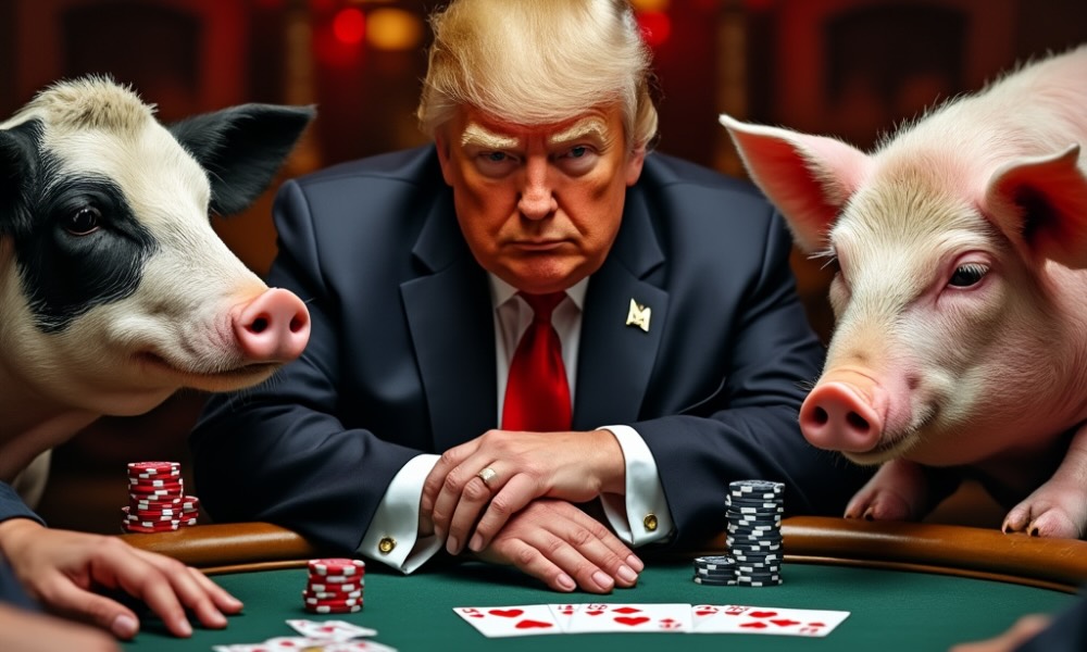 Donald Trump sitting at a poker table between a cow and a pig