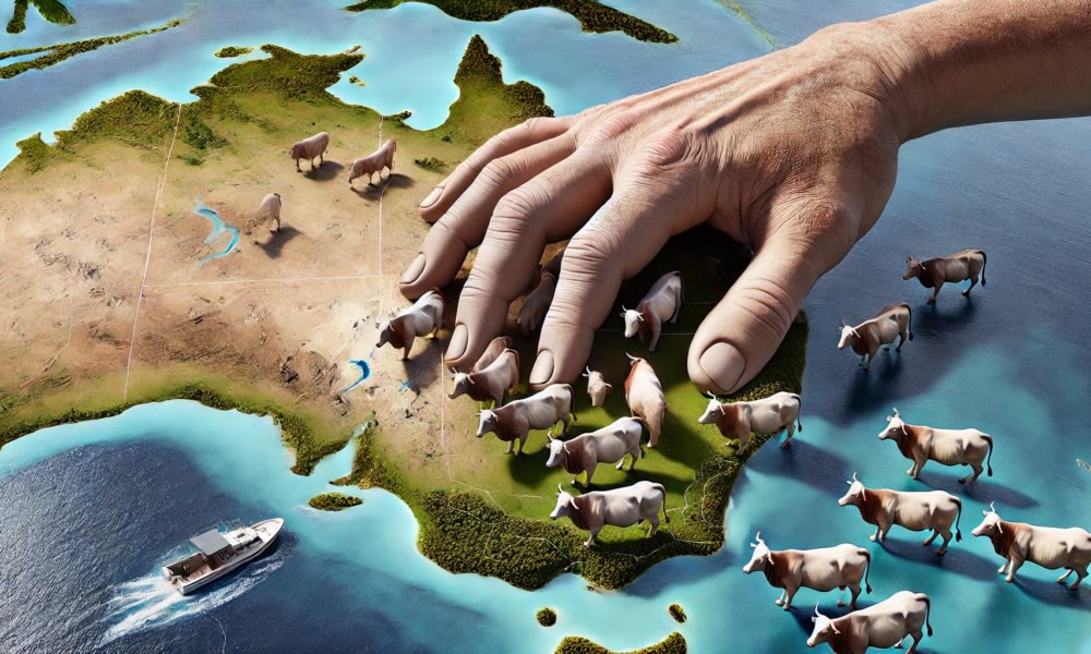 A hand gathering cow models sitting on a map of Australia