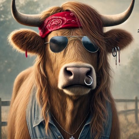 A bull wearing Guns and Roses gear