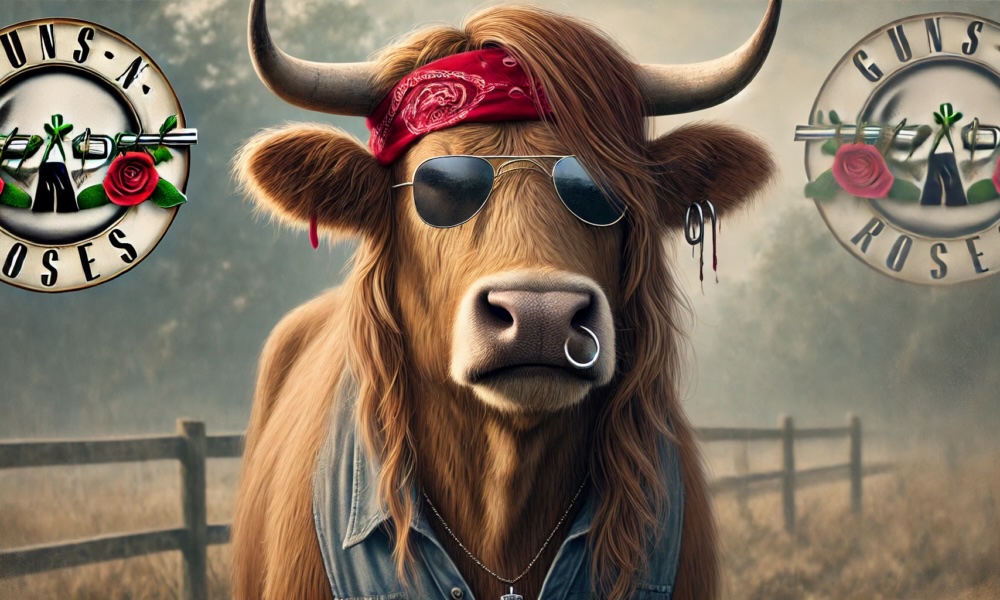 A bull wearing Guns and Roses gear