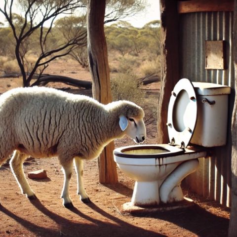 A sheep looking in the bowl of an outdoor dunny