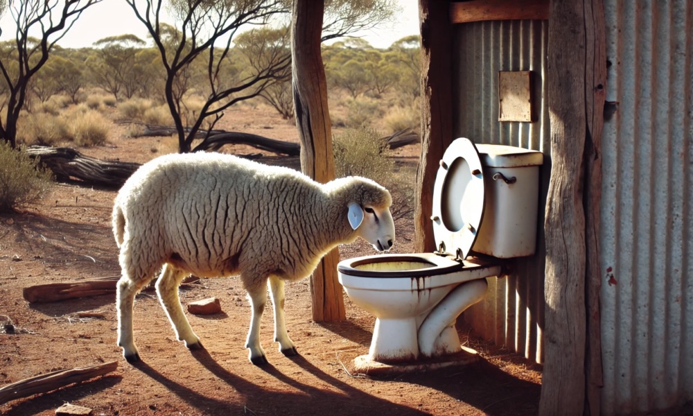 A sheep looking in the bowl of an outdoor dunny