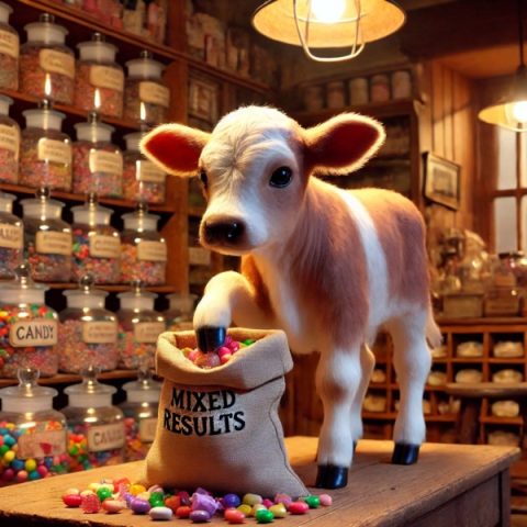 A calf standing on a table by a bag of candy in a candy store