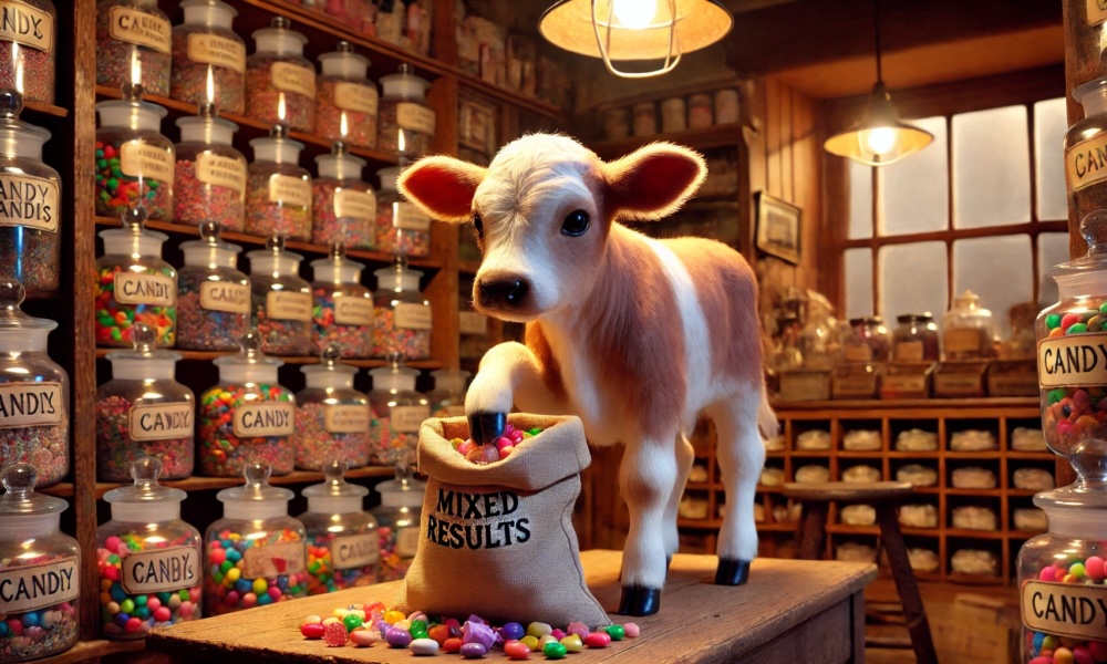 A calf standing on a table by a bag of candy in a candy store