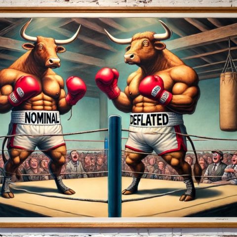 A boxing match between the Nominal team bull and the Deflated team bull. Both are wearing boxing gloves and shorts.