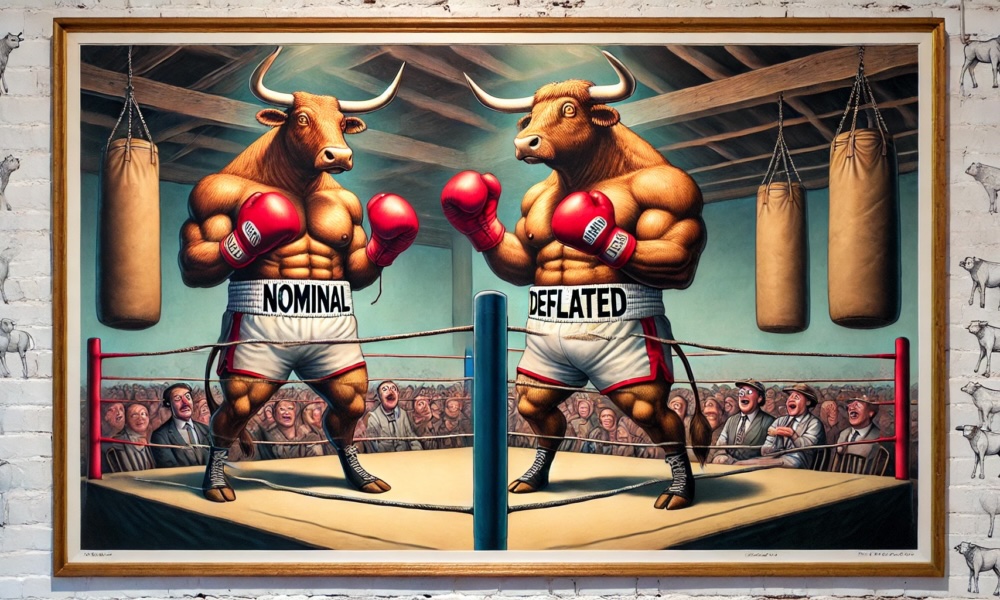 A boxing match between the Nominal team bull and the Deflated team bull. Both are wearing boxing gloves and shorts.