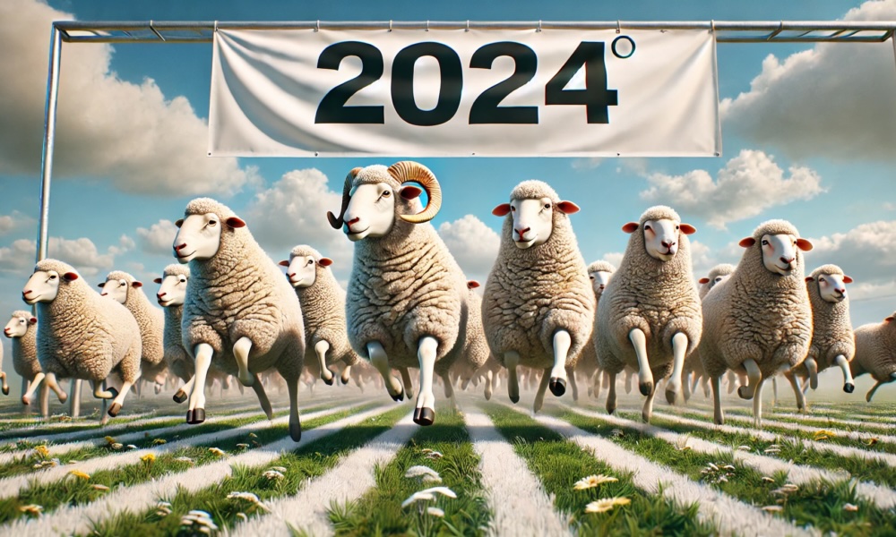 Sheep running in a race passing the 2024 finish line