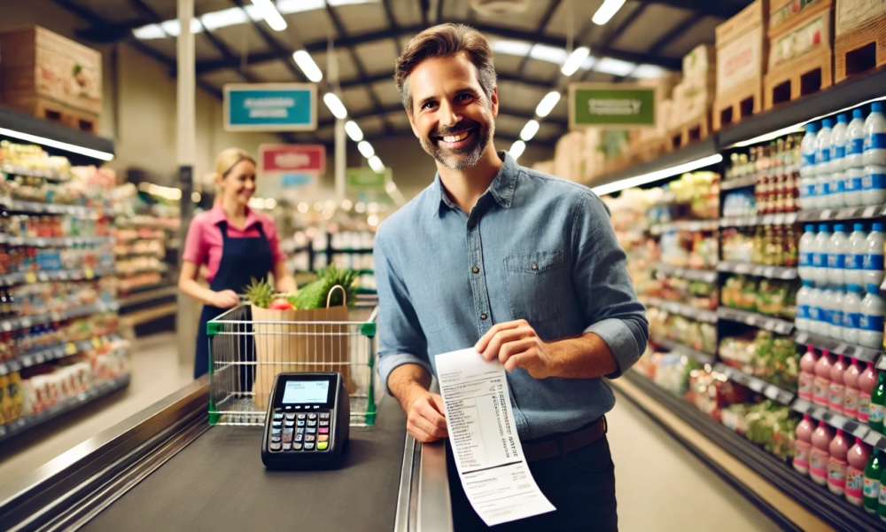 A man holding a register receipt in a supermarket