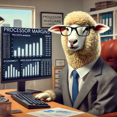 A sheep sits at a office desk looking at processor margin reports