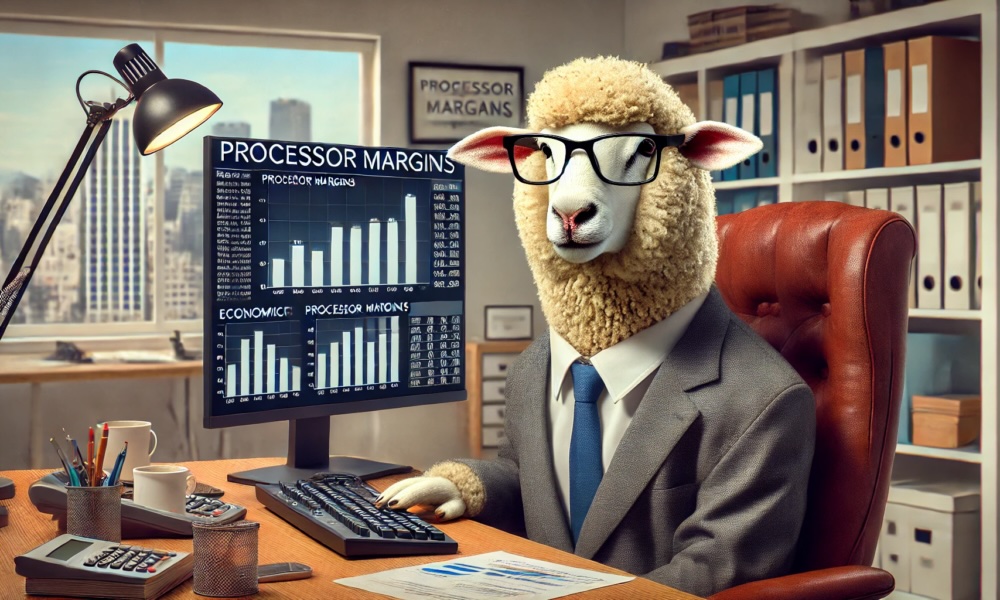 A sheep sits at a office desk looking at processor margin reports