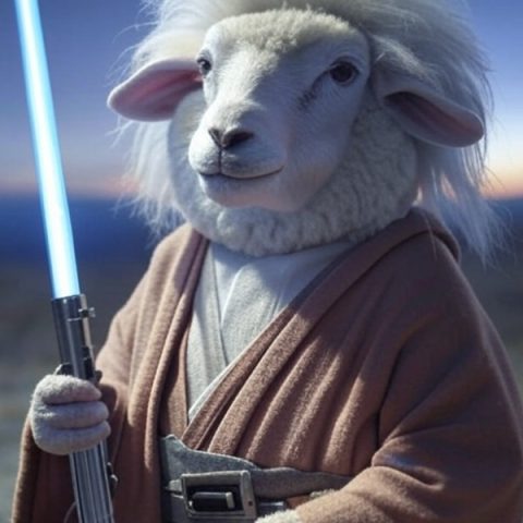 A sheep dressed as a Jedi holding a blue lightsaber