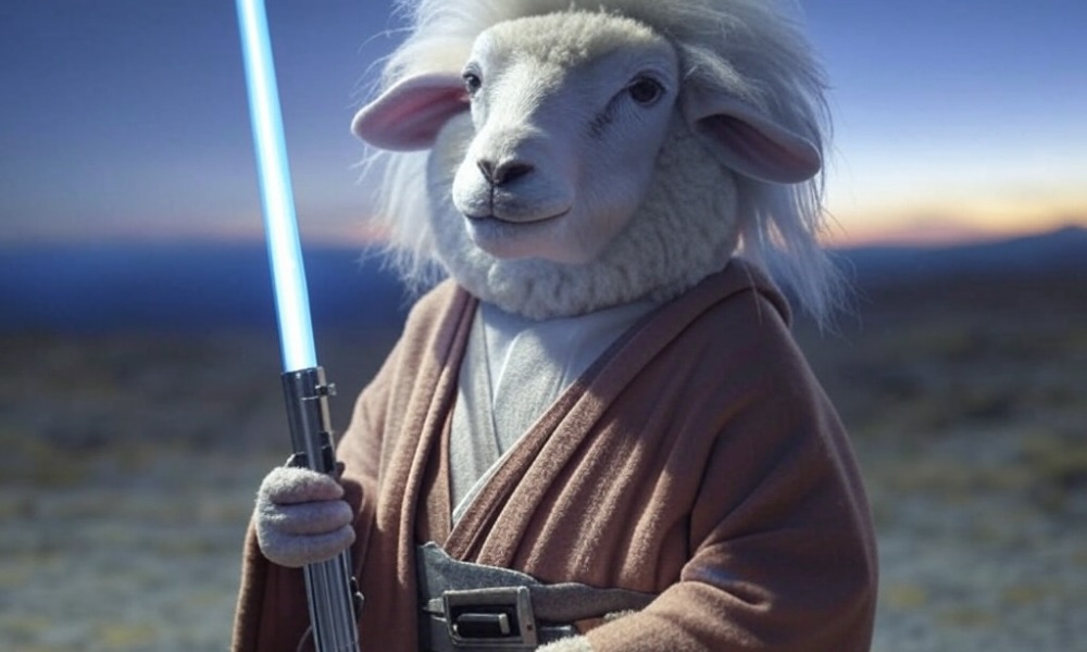 A sheep dressed as a Jedi holding a blue lightsaber