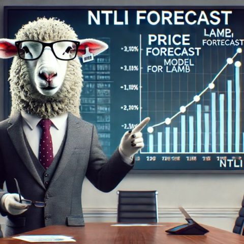 A sheep wearing a suit standing in front of a screen showing a NTLI Forecast graph