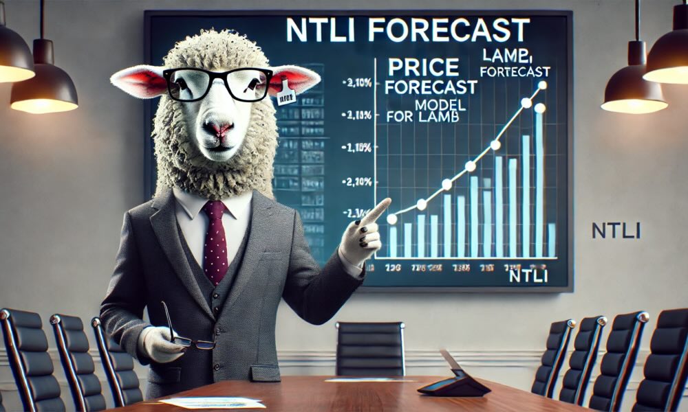 A sheep stading in front of a screen showing a NTLI Forecast graph