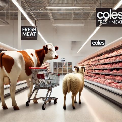 A cow and a sheep standing in the fresh meat aisle in a supermarket