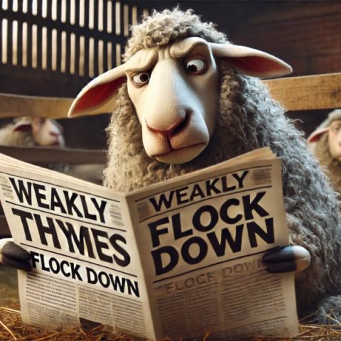 An angry sheep standing in a barn reading a newspaper