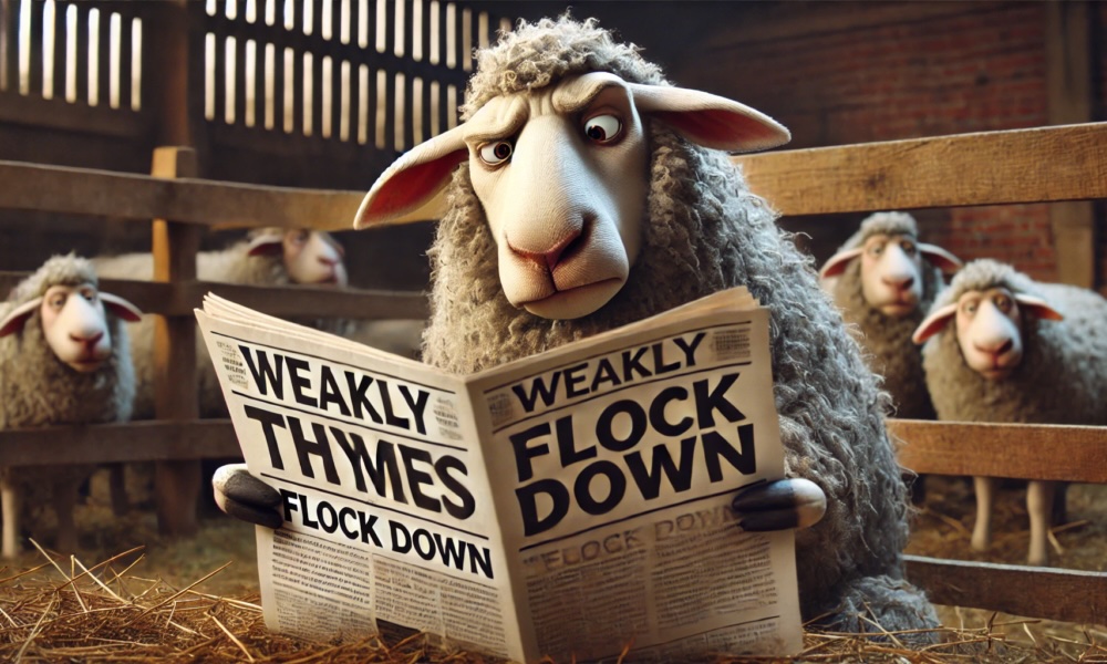 An angry sheep standing in a barn reading a newspaper