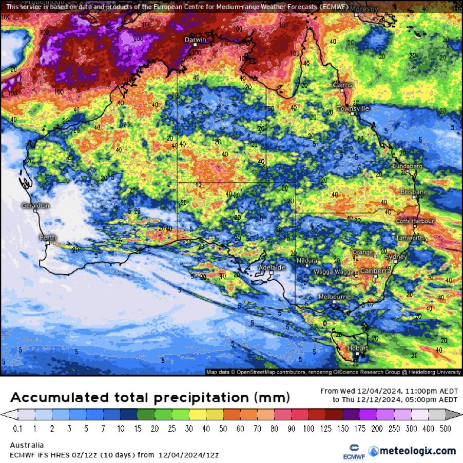 Map of Australian Accumulated Precipitation: 04/12/2024 - 12/12/2024