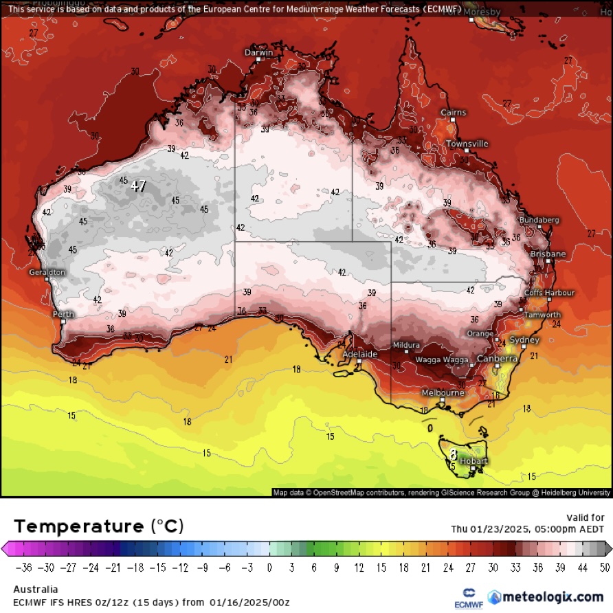 Australian Temperature from 16th January 2025